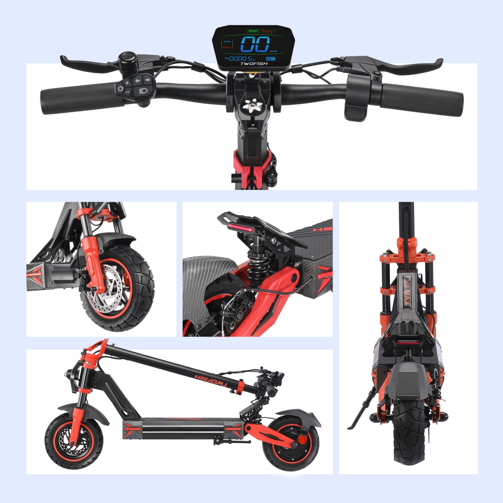TWOFISH V4 MAX Electric Scooter, 800W motor, 52V 23Ah batéria, 10 palcové pneumatiky, max. rýchlosť 57 km/h, dojazd 60 km, dvojkotúčová brzda, predné & zadné pružinové tlmiče, NFC odomykanie