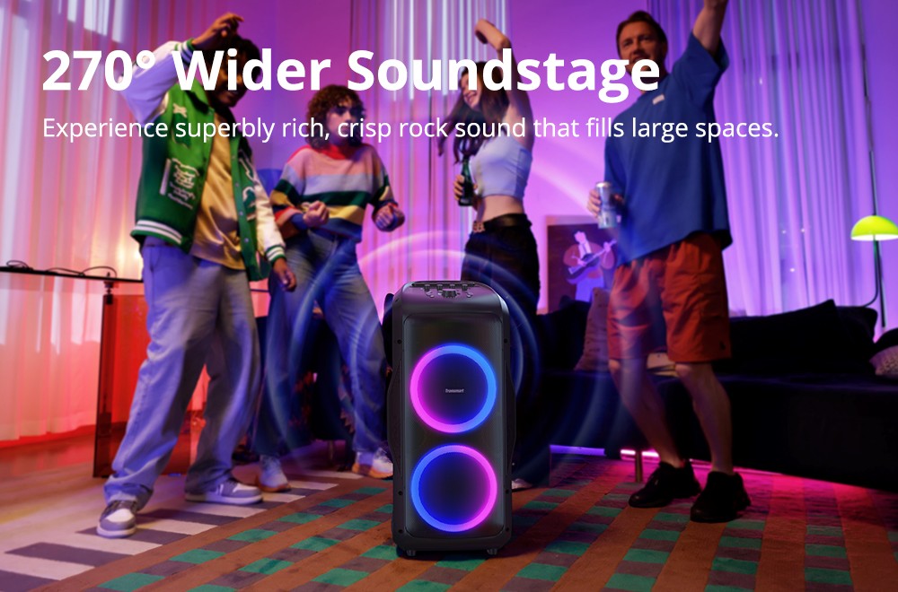 Refurbished Tronsmart Halo 300 Party Speaker w/ XLR, Guitar & Mic Inputs + 240W Punch, Beat-Sync LEDs, 20H Battery Life, Outdoor / Beach / Pool / Travel