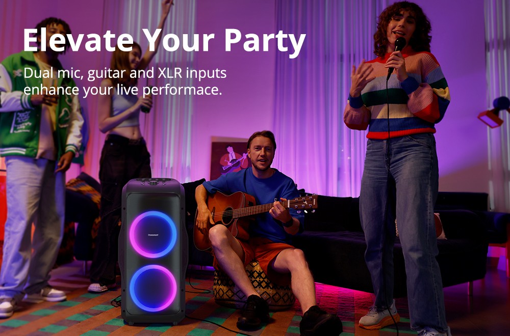 Refurbished Tronsmart Halo 300 Party Speaker w/ XLR, Guitar & Mic Inputs + 240W Punch, Beat-Sync LEDs, 20H Battery Life, Outdoor / Beach / Pool / Travel