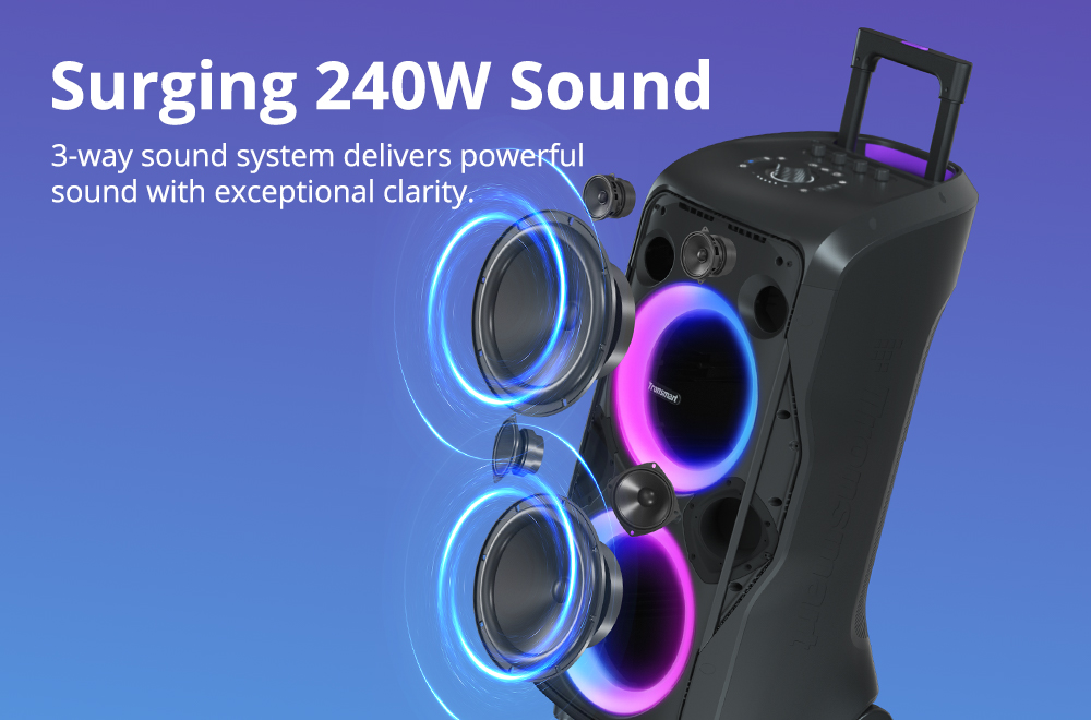 Refurbished Tronsmart Halo 300 Party Speaker w/ XLR, Guitar & Mic Inputs + 240W Punch, Beat-Sync LEDs, 20H Battery Life, Outdoor / Beach / Pool / Travel