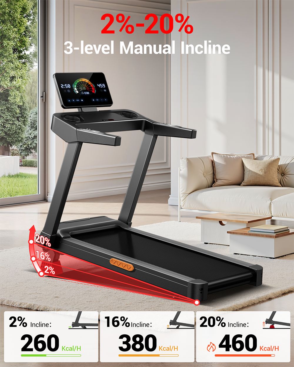 UMAY L20 Treadmill with 20% Manual Incline, 3-Level Incline Adjustment, 3.5HP Brushless Motor, 400lbs Max Load, 108×41.2cm Wide Belt, Touchscreen Display & 4.5" Ultra-Slim Fold Design