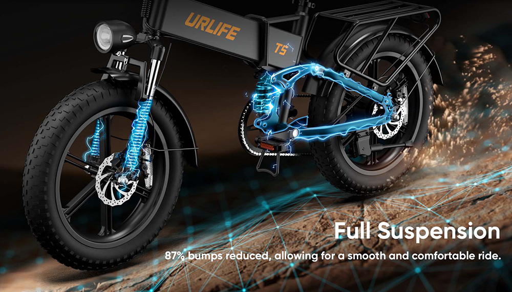 URLIFE T5 Electric Bike, 750W motor, 48V 13Ah batéria, 20*4 palcové pneumatiky, max. rýchlosť 45km/h, max. dojazd 125km, dvojkotúčové brzdy, plné odpruženie, Shimano 7 rýchlostí - čierny