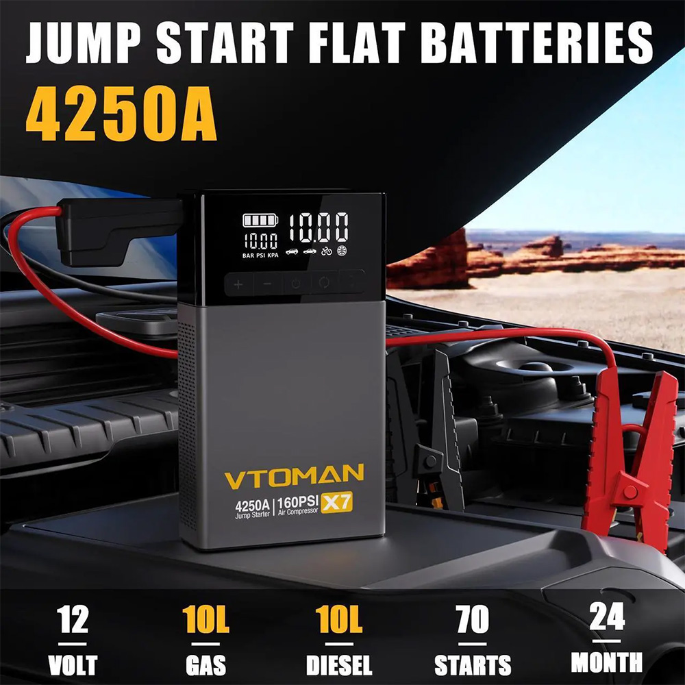 VTOMAN X7 Car Jump Starter with Air Compressor, 4250A Peak, 12V Vehicles up to 10L Gas & 10L Diesel, 160 PSI Tire Inflator, 5.1" Smart Display, 88.8Wh Battery