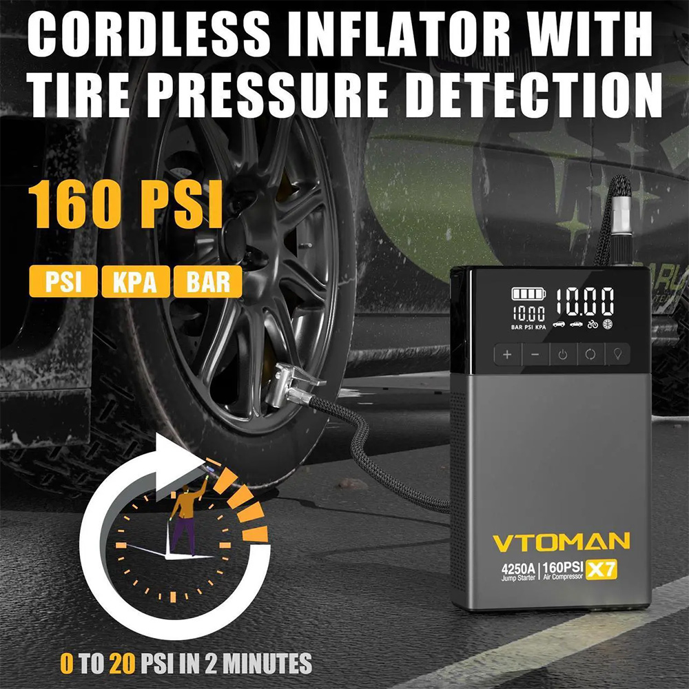VTOMAN X7 Car Jump Starter with Air Compressor, 4250A Peak, 12V Vehicles up to 10L Gas & 10L Diesel, 160 PSI Tire Inflator, 5.1" Smart Display, 88.8Wh Battery