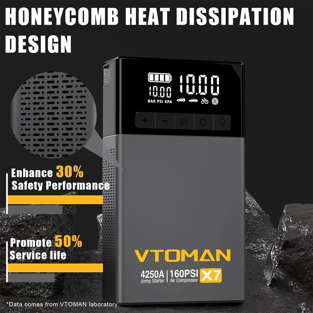 VTOMAN X7 Car Jump Starter with Air Compressor, 4250A Peak, 12V Vehicles up to 10L Gas & 10L Diesel, 160 PSI Tire Inflator, 5.1" Smart Display, 88.8Wh Battery