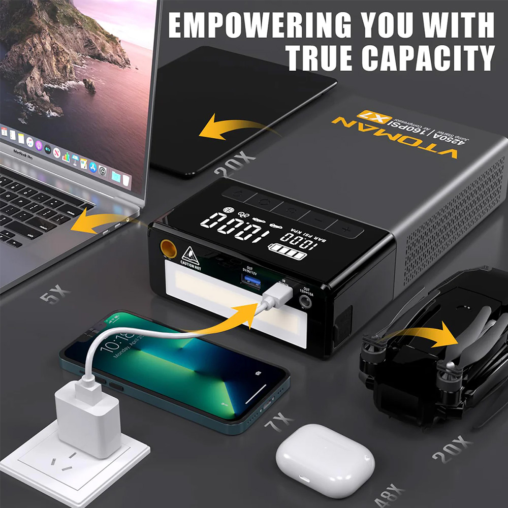 VTOMAN X7 Car Jump Starter with Air Compressor, 4250A Peak, 12V Vehicles up to 10L Gas & 10L Diesel, 160 PSI Tire Inflator, 5.1" Smart Display, 88.8Wh Battery