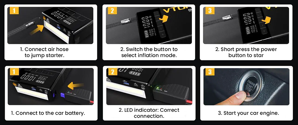 VTOMAN X7 Car Jump Starter with Air Compressor, 4250A Peak, 12V Vehicles up to 10L Gas & 10L Diesel, 160 PSI Tire Inflator, 5.1" Smart Display, 88.8Wh Battery