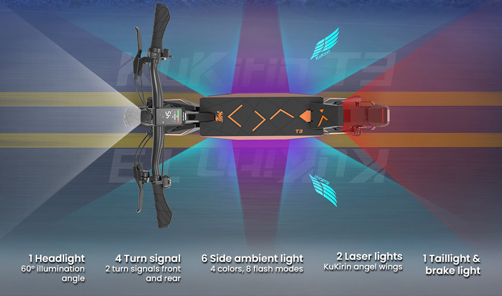 KuKirin T3 elektromos robogó, 800 W-os motor, 48 V 15,6 Ah akkumulátor, 10 hüvelykes gumik, 45 km/h maximális sebesség, 58 km hatótáv, első és hátsó tárcsafék, négykaros lengéscsillapító