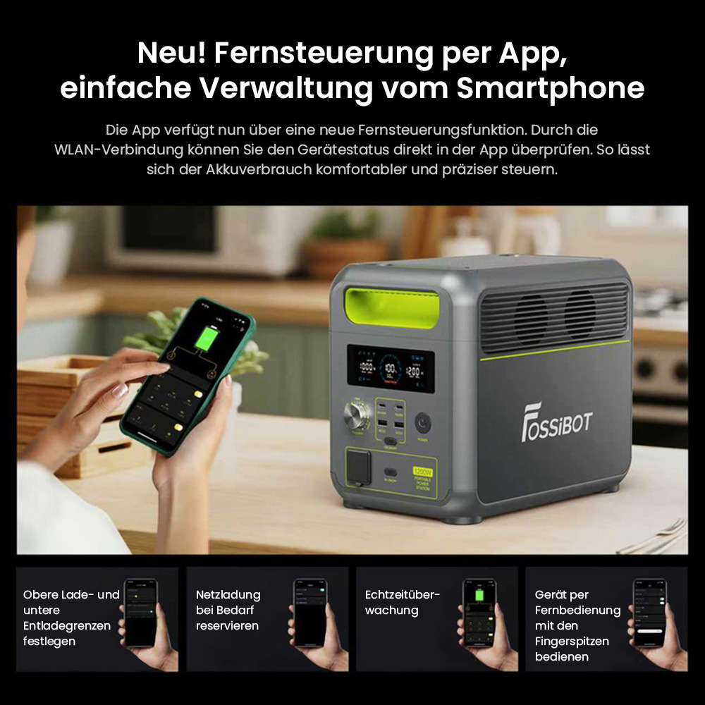 FOSSiBOT F1200 Tragbare Powerstation, 1024 Wh Kapazit&auml;t, 1200 W Nennleistung, 3 LED-Lichtmodi, 7 Ausgangsanschl&uuml;sse, BMS-Schutz, <10 ms Umschaltung, 5-Gang-Eingangsregler, EV-Grade LiFePO4-Akku, 4000+ Zykluszeiten