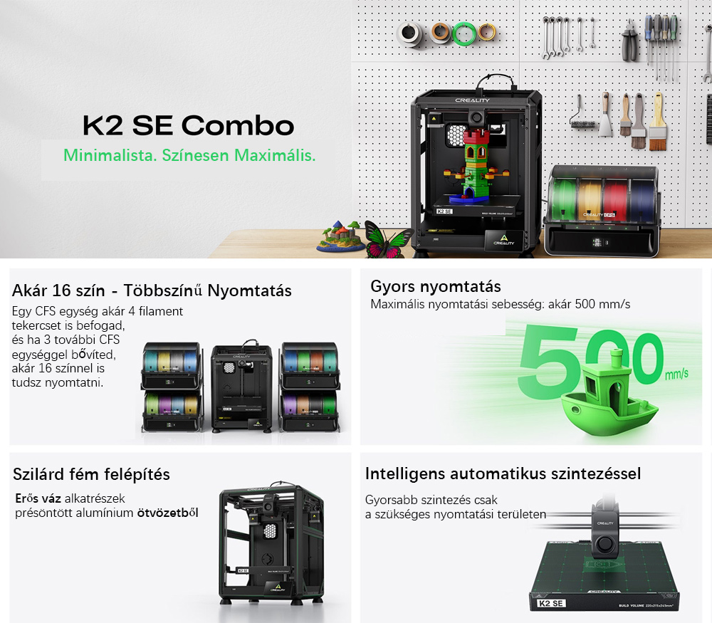 Creality K2 SE Combo 3D Nyomtat&oacute; H&aacute;zzal, 500 mm/s sebess&eacute;g, 0,1 mm pontoss&aacute;g, 220&times;215&times;245 mm &eacute;p&iacute;tőt&eacute;r, automatikus szintez&eacute;s, 300 &deg;C f&uacute;v&oacute;ka t&ouml;bbanyag&uacute; nyomtat&aacute;shoz