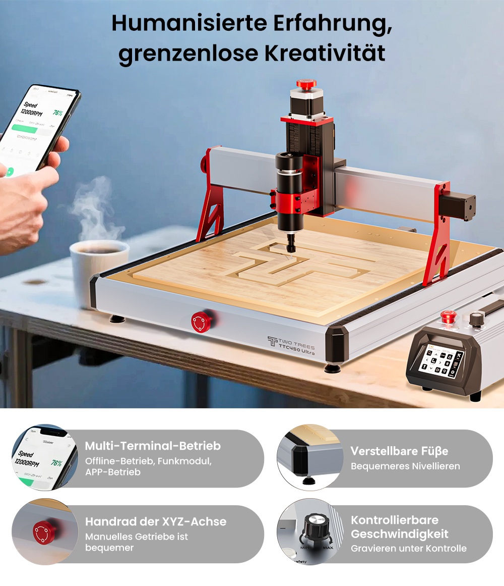 TWO TREES TTC450 Ultra CNC Fräsmaschine, 500W Spindel, Dualer CNC & Lasermodus, 0,05mm Hohe Präzision, 3,5" IPS Touchscreen, 460x460x100mm Arbeitsbereich, Kompatibel mit Metall/Acryl/Holz