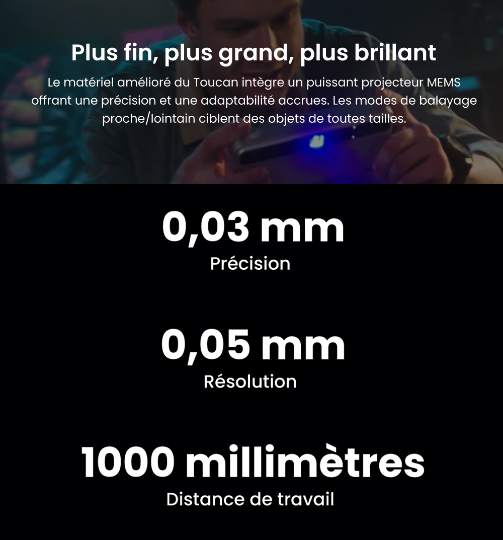 3DMakerpro Toucan Standard Scanner 3D, Précision de 0,03mm, Tout-en-un Autonome, Double FOV 135×185mm - 1000×750mm, Couleur 48MP, Batterie 6600mAh, Wi-Fi 6