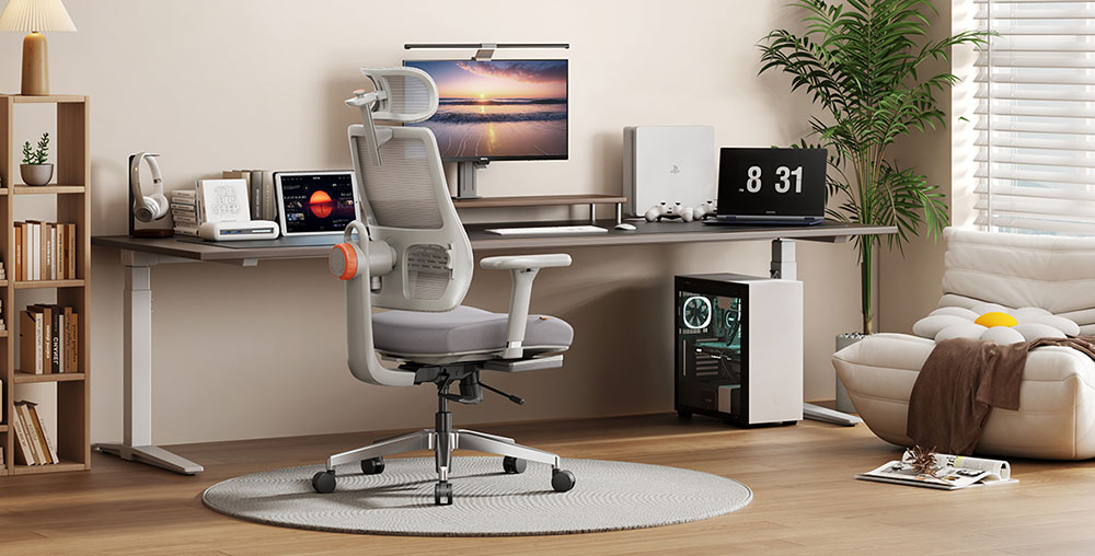 NEWTRAL MagicH-GPRO ergonomikus sz&eacute;k levehető munka&aacute;llom&aacute;s asztallappal, automatikusan k&ouml;vető h&aacute;tt&aacute;ml&aacute;val, adapt&iacute;v als&oacute; h&aacute;tt&aacute;ml&aacute;val, &aacute;ll&iacute;that&oacute; karf&aacute;val, 4 poz&iacute;ci&oacute;ban r&ouml;gz&iacute;thető - sz&uuml;rke