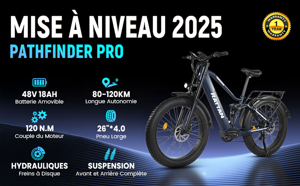 RATTAN PATHEINDER PRO Vélo électrique, moteur 750W, batterie 48V 18Ah, pneus 26*4 pouces, vitesse de maximale 25 km/h, autonomie de 120 km, freins à disque hydrauliques, suspensions avant et arrière complètes, 7 vitesses - Bleu