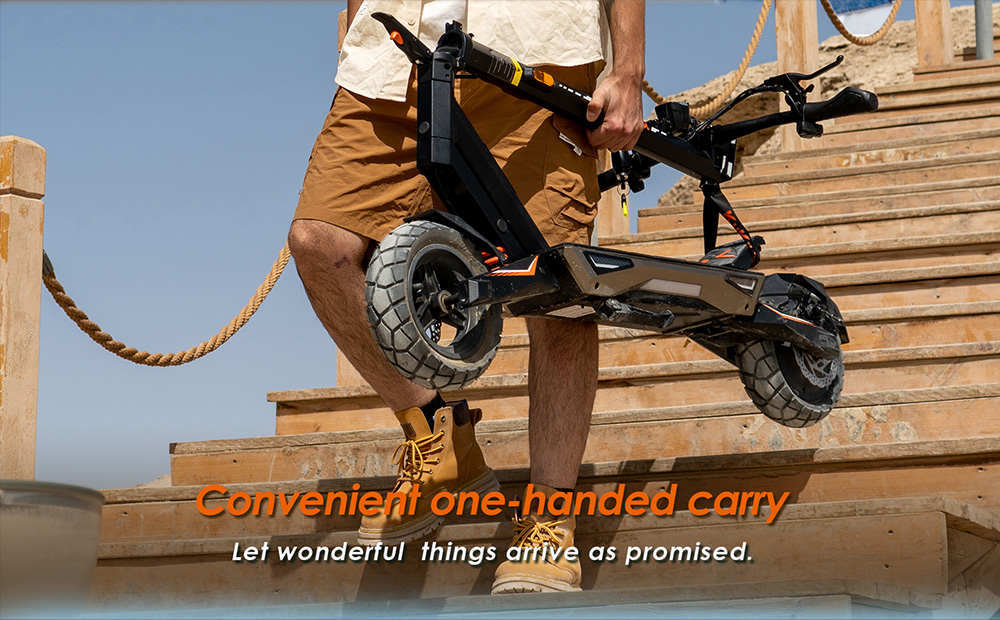 KuKirin T3 elektromos robogó, 800 W-os motor, 48 V 15,6 Ah akkumulátor, 10 hüvelykes gumik, 45 km/h maximális sebesség, 58 km hatótáv, első és hátsó tárcsafék, négykaros lengéscsillapító