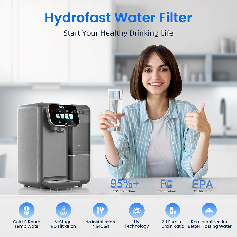 Hydrofast C100 Countertop Water Purifier, Room Temperature & Cold Water, Reverse Osmosis Water Filter for Home, Office