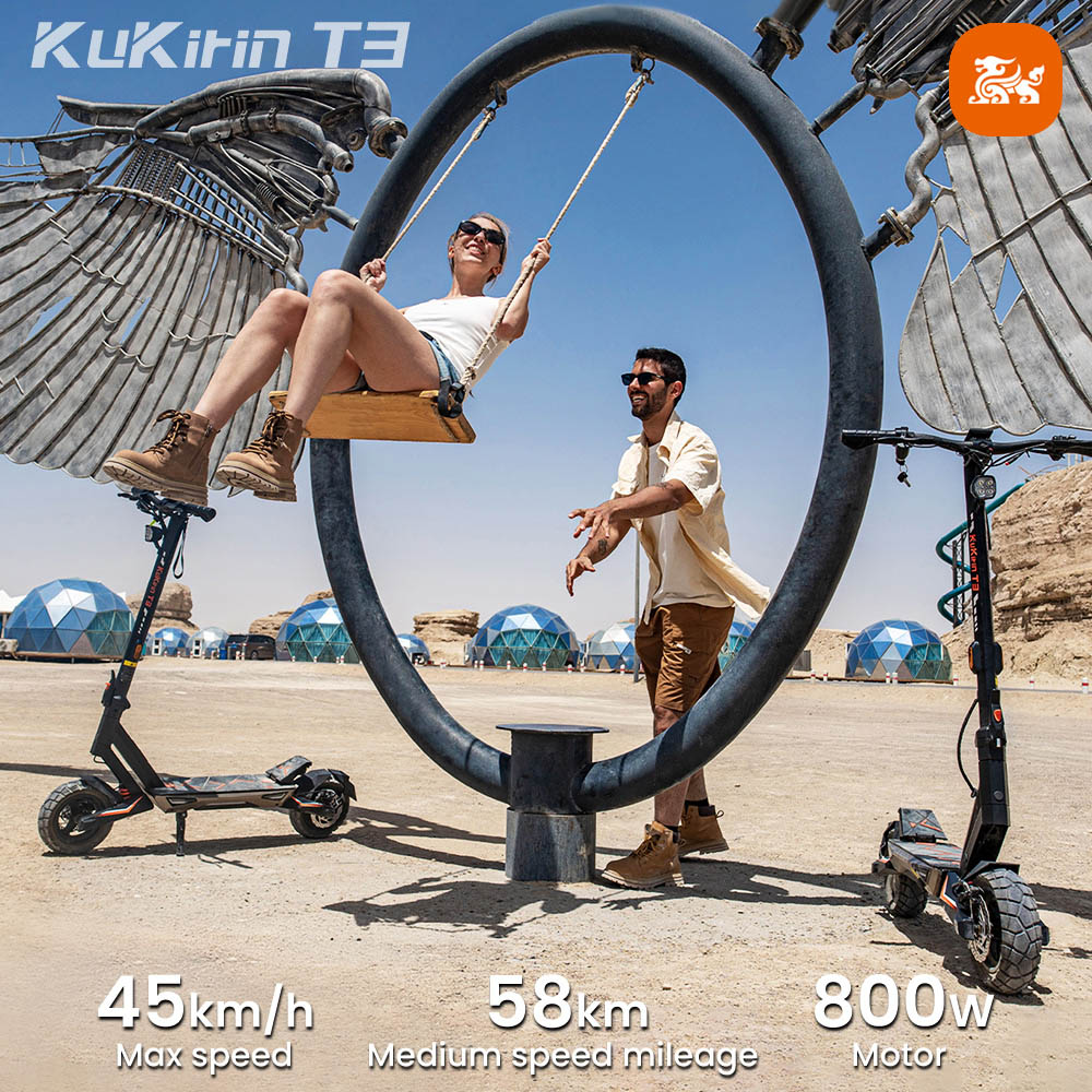 KuKirin T3 elektromos robogó, 800 W-os motor, 48 V 15,6 Ah akkumulátor, 10 hüvelykes gumik, 45 km/h maximális sebesség, 58 km hatótáv, első és hátsó tárcsafék, négykaros lengéscsillapító