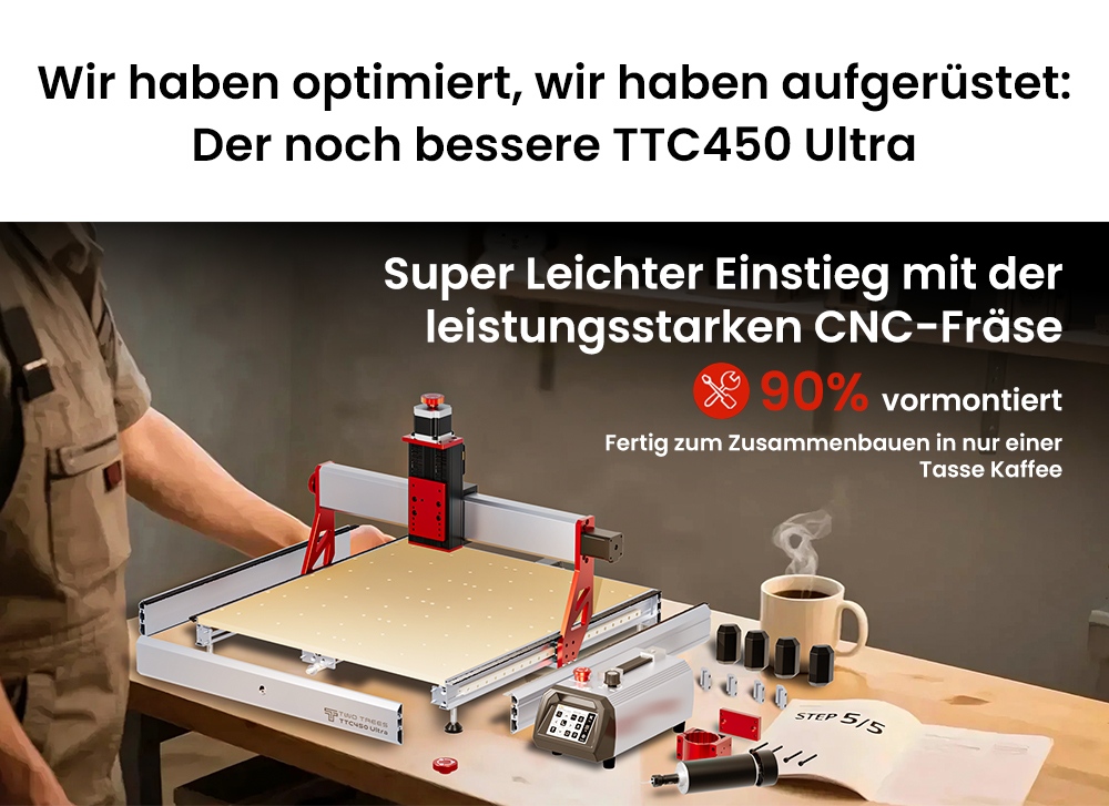 TWO TREES TTC450 Ultra CNC Fräsmaschine, 500W Spindel, Dualer CNC & Lasermodus, 0,05mm Hohe Präzision, 3,5" IPS Touchscreen, 460x460x100mm Arbeitsbereich, Kompatibel mit Metall/Acryl/Holz