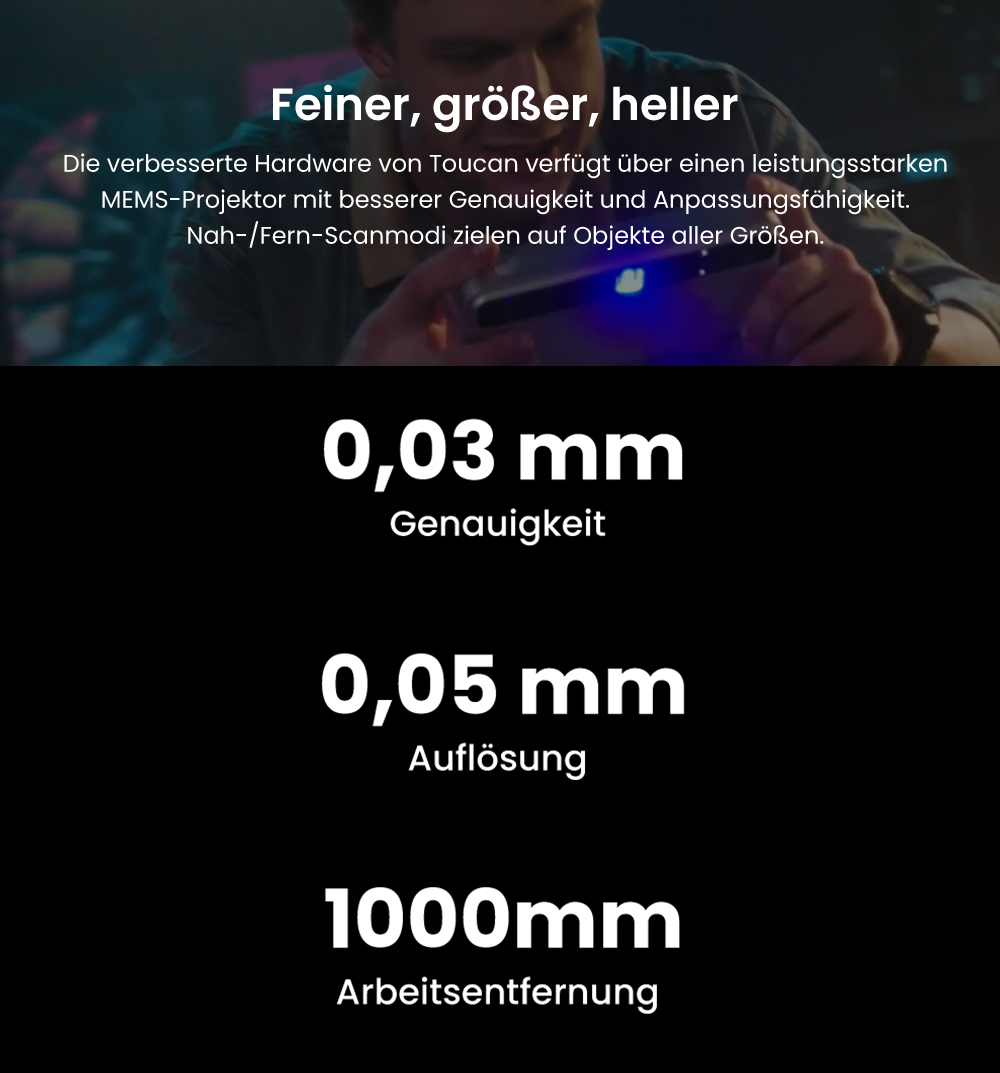 3DMakerpro Toucan Standard 3D-Scanner, 0,03mm Genauigkeit, Unabhängiges All-in-One, Dual FOV 135×185mm - 1000×750mm, 48MP Farbe, 6600mAh Akku, Wi-Fi 6