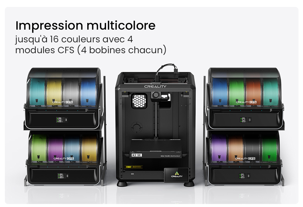 Creality K2 SE Combo Imprimante 3D avec Enceinte, Vitesse 500 mm/s, Pr&eacute;cision 0,1 mm, Volume de construction 220&times;215&times;245 mm, Nivellement automatique, Buse 300 &deg;C pour impression multi-mat&eacute;riaux