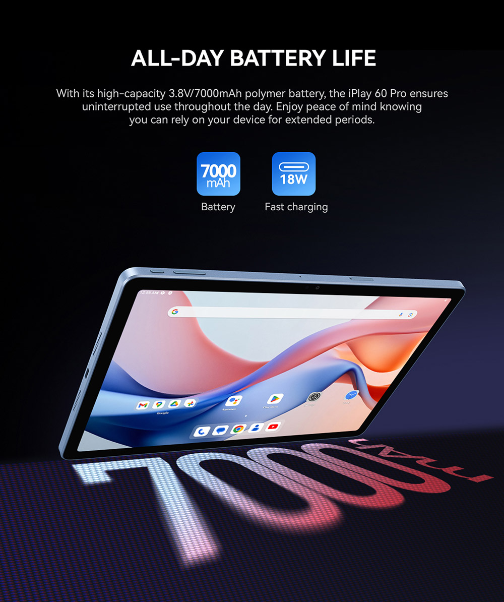 ALLDOCUBE iPlay 60 Pro Tablette, &eacute;cran IPS 10,95 pouces 1920*1200 90Hz, Android 14, MediaTek G99, 6GB RAM 128GB ROM, Bluetooth 5.2, Widevine L1, double 4G LTE, GPS/Galileo/GLONASS/Beidou, batterie 7000mAh, charge rapide 18W, d&eacute;verrouillage facial