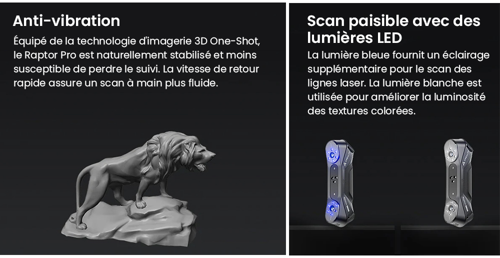 Creality Raptor Pro Scanner 3D, laser bleu NIR 22+7, vitesse de numérisation de 60 ips, objets entre 5 et 4 000 mm, numérisation couleur 24 bits, précision de 0,02 mm, anti-tremblement