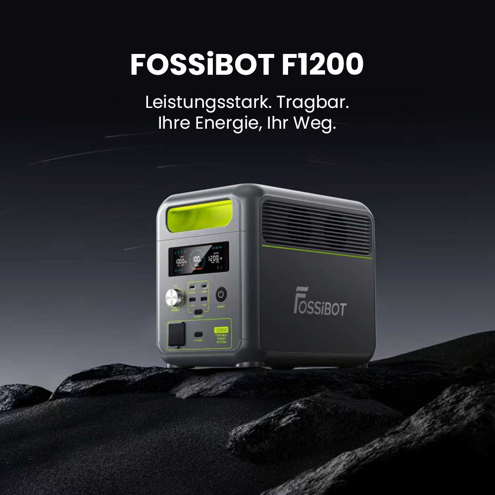 FOSSiBOT F1200 Tragbare Powerstation, 1024 Wh Kapazit&auml;t, 1200 W Nennleistung, 3 LED-Lichtmodi, 7 Ausgangsanschl&uuml;sse, BMS-Schutz, <10 ms Umschaltung, 5-Gang-Eingangsregler, EV-Grade LiFePO4-Akku, 4000+ Zykluszeiten