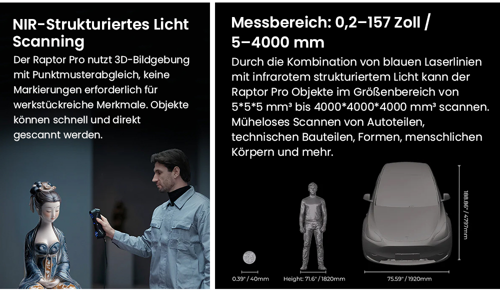 Creality Raptor Pro 3D-Scanner, 22+7 blauer Laser NIR, 60fps Scangeschwindigkeit, Objekte zwischen 5-4000mm, 24-Bit Vollfarbscan, 0,02mm Genauigkeit, Anti-Verwacklung