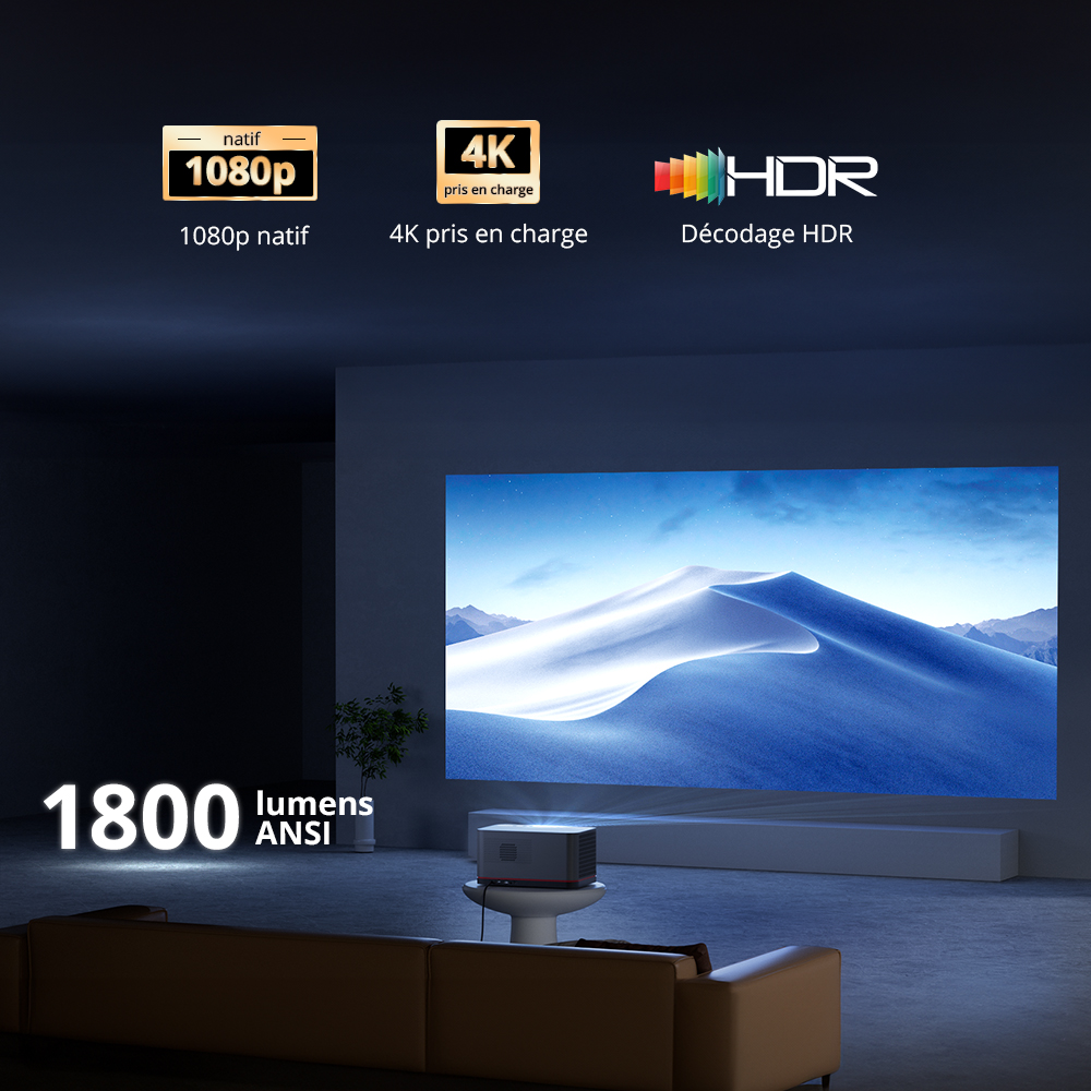 Projecteur TV Android ETOE Whale Pro, r&eacute;solution native 1080p, 1500 ANSI, d&eacute;codage 4K, mise au point automatique et correction trap&eacute;zo&iuml;dale automatique, 2 haut-parleurs st&eacute;r&eacute;o 10 W, Wi-Fi double bande