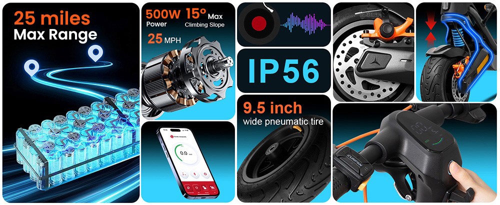CUNFON RS500 Elektroroller, ABE-zertifiziert, 500-W-Motor, 48-V-13-Ah-Akku, 9,5-Zoll-Reifen, 40 km/h H&ouml;chstgeschwindigkeit, 40 km Reichweite, Scheibenbremsen vorne und hinten, App-Steuerung