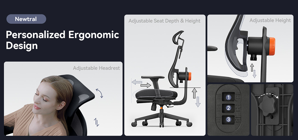 NEWTRAL MagicH-BP ergonomikus szék lábtartóval, automatikusan követő háttámlával, adaptív alsó háttámlával, állítható kartámasszal, 3 pozícióban rögzíthető - fekete