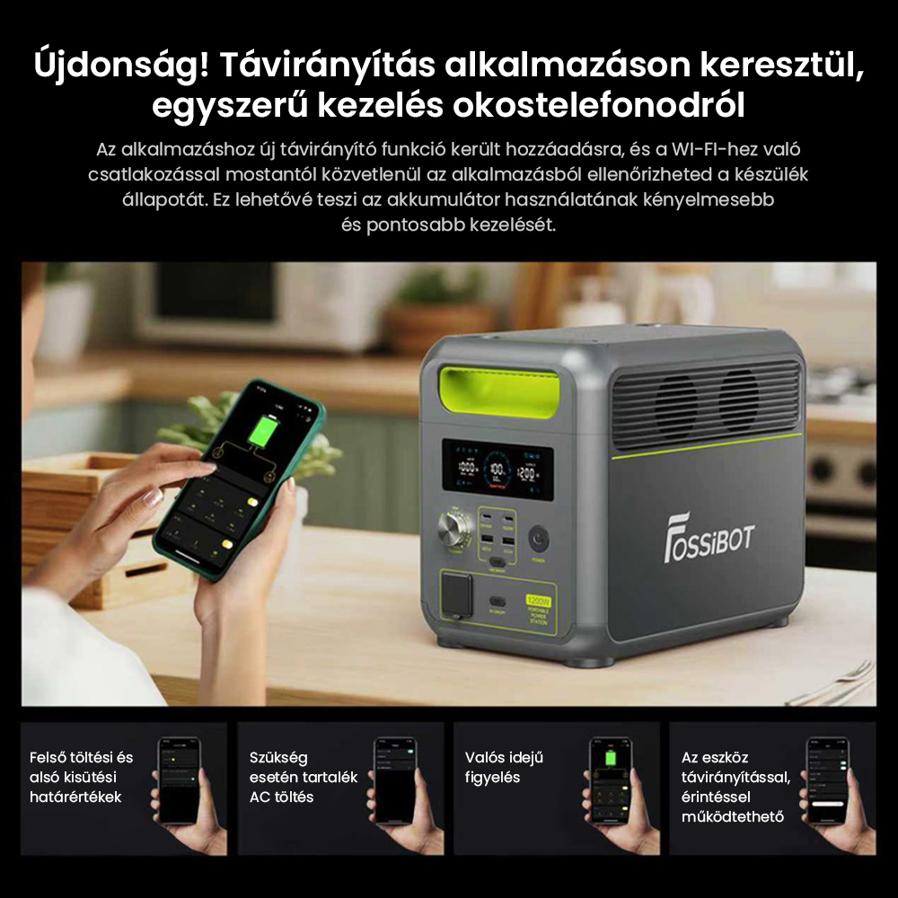 FOSSiBOT F1200 Hordozhat&oacute; Erőmű, 1024 Wh Kapacit&aacute;s, 1200 W N&eacute;vleges Teljes&iacute;tm&eacute;ny, 3 LED Vil&aacute;g&iacute;t&aacute;si M&oacute;d, 7 Kimeneti Port, BMS V&eacute;delem, <10 ms &Aacute;tkapcsol&aacute;s, 5 Fokozat&uacute; Bemeneti Szab&aacute;lyoz&oacute;, EV Minős&eacute;gű LiFePO4 Akkumul&aacute;tor, 4000+ Ciklusidő