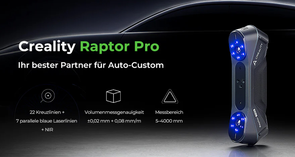Creality Raptor Pro 3D-Scanner, 22+7 blauer Laser NIR, 60fps Scangeschwindigkeit, Objekte zwischen 5-4000mm, 24-Bit Vollfarbscan, 0,02mm Genauigkeit, Anti-Verwacklung