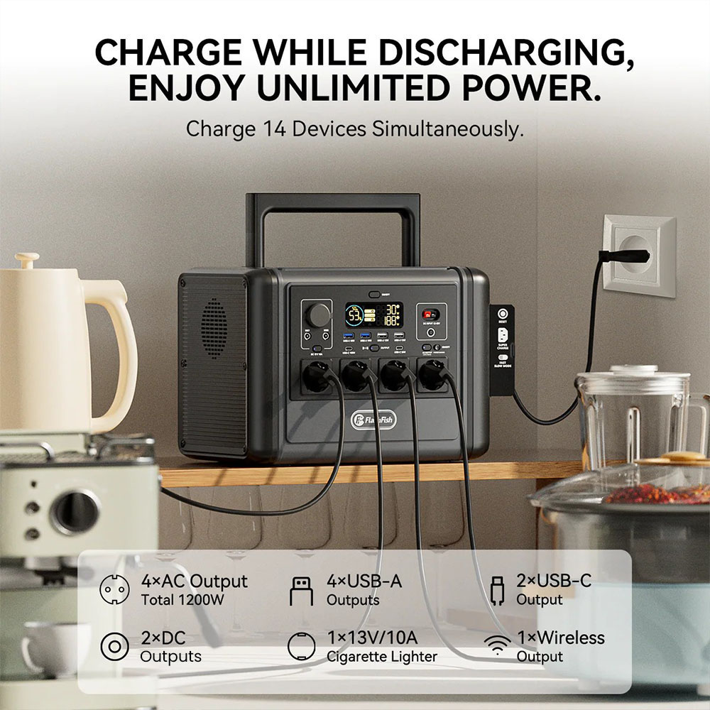 Flashfish T1200s Station d'alimentation Portable, Batterie LiFePO4 768Wh, CA 1200W (2400W Surge), USB-C 100W, 14 Ports, &Eacute;clairage LED Int&eacute;gr&eacute;, Pour Camping/RV/Hors r&eacute;seau/Urgence