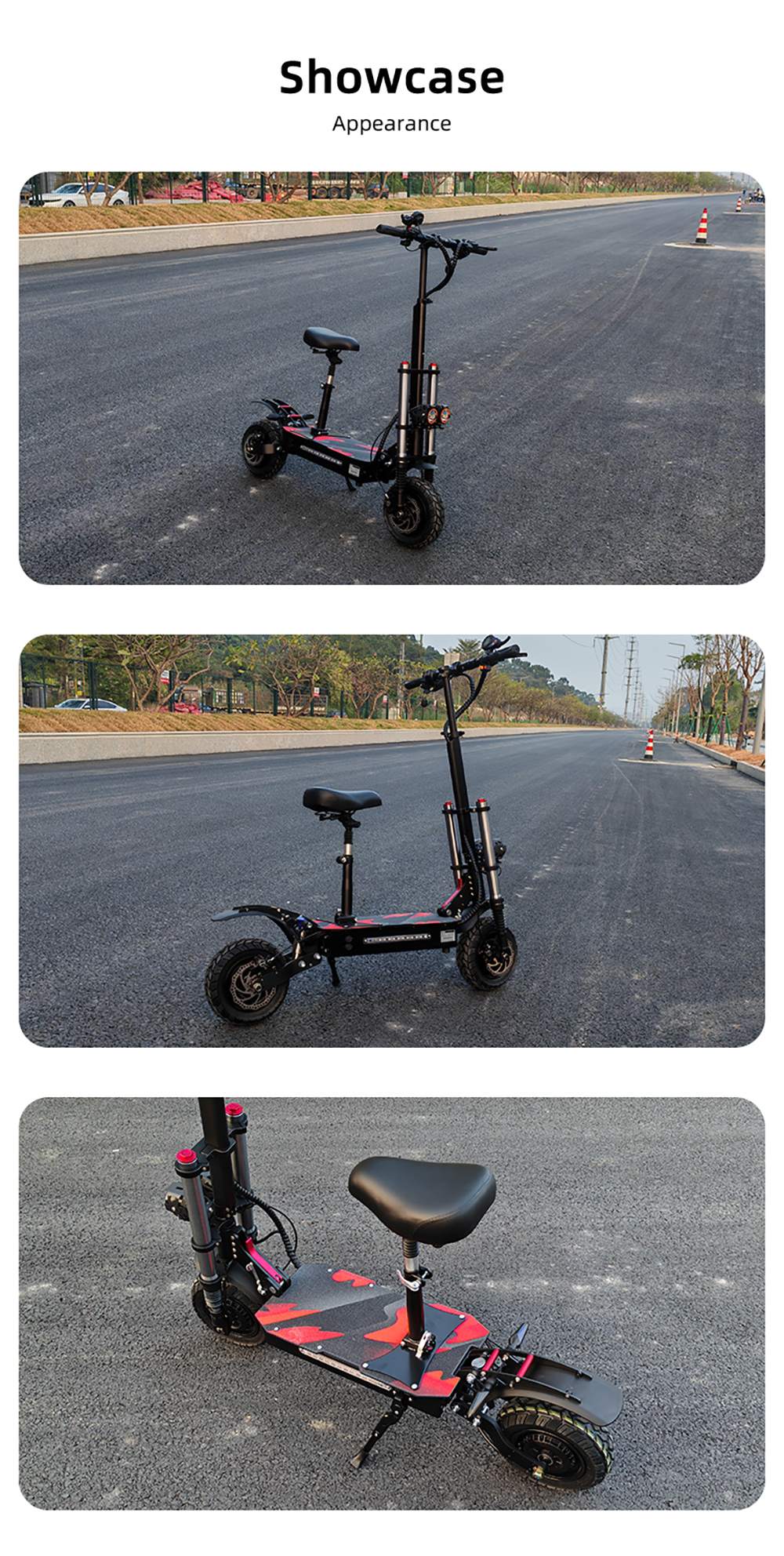 BOYUEDA S3-11 Electric Scooter, 3000W*2 Motor 85km/h Max Speed, 60V 38Ah Battery up to 120km Range, 11-inch Sawtooth Vaccum Off-road Tire,  Dual Hydraulic Disc Brakes, Hydraulic damping, 45&deg; Climbing LCD Display All-round Lighting and turn signal