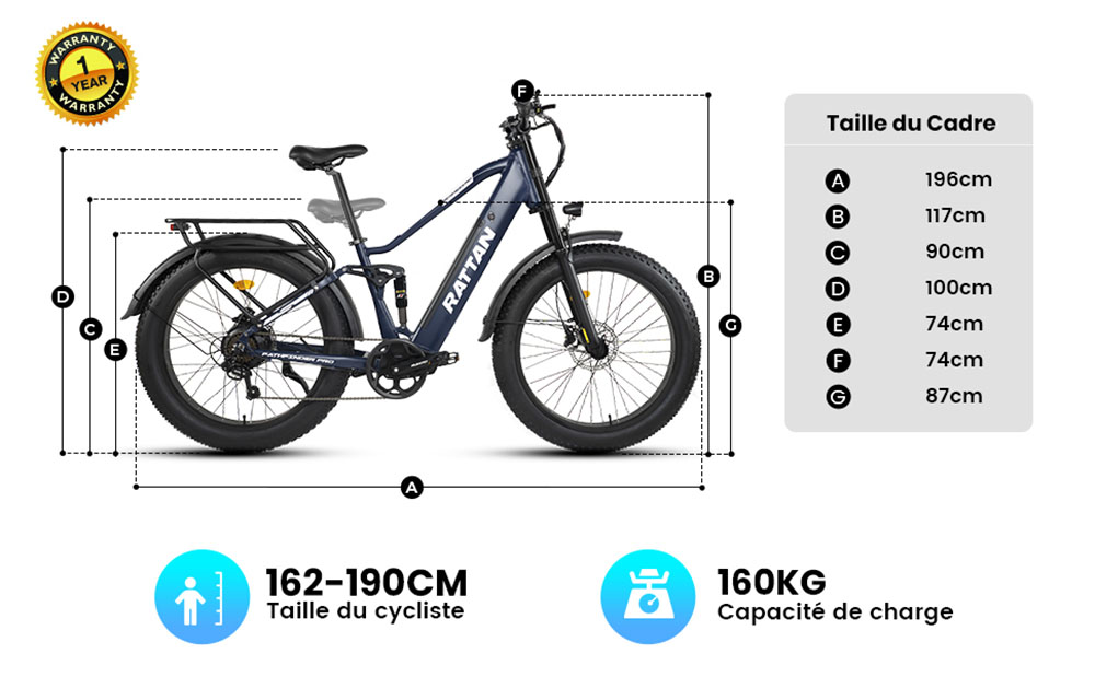 RATTAN PATHEINDER PRO Vélo électrique, moteur 750W, batterie 48V 18Ah, pneus 26*4 pouces, vitesse de maximale 25 km/h, autonomie de 120 km, freins à disque hydrauliques, suspensions avant et arrière complètes, 7 vitesses - Gris
