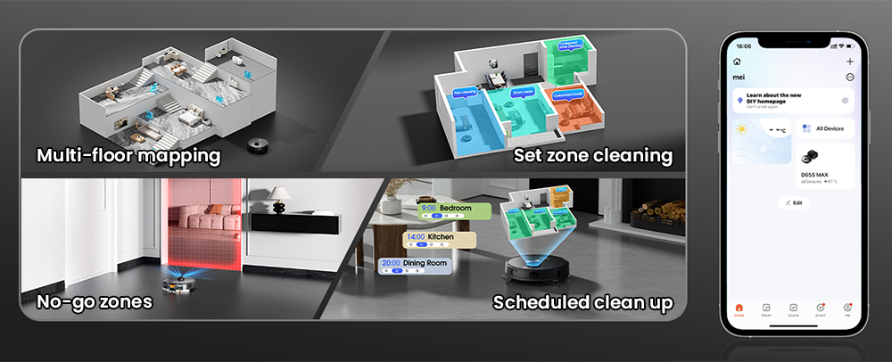 Teendow D65S MAX Robot Vacuum Cleaner, 70-Day Auto-Empty, 6000Pa Suction, 17kPa Dust Station, 220min Runtime, 20mm Obstacle Crossing, 4-Level Power Control, 250ml Dust Bin & 350ml Water Tank