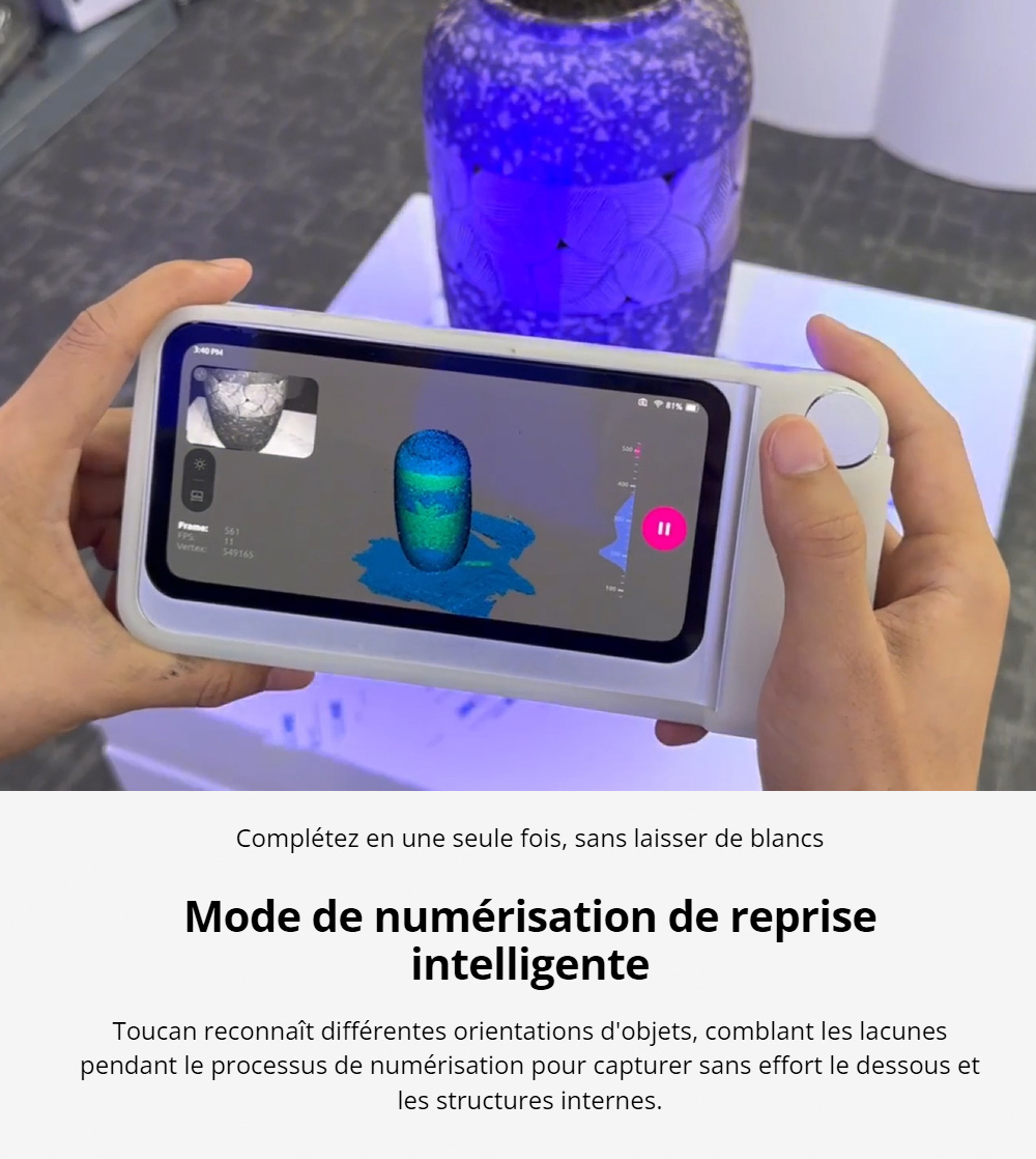 3DMakerpro Toucan Premium Scanner 3D, Précision de 0,03mm, Tout-en-un Autonome, Double FOV 135×185mm - 1000×750mm, Couleur 48MP, Batterie 6600mAh, Wi-Fi 6