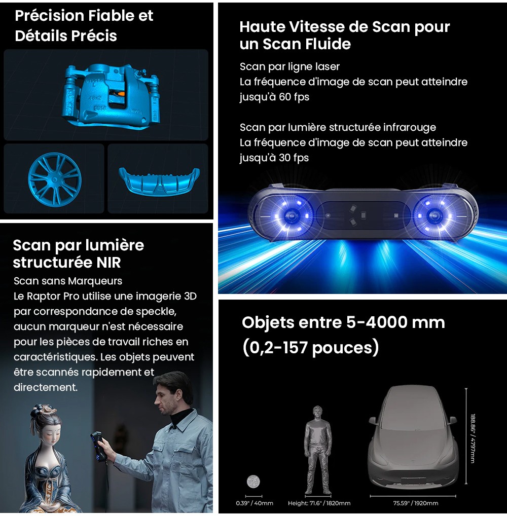 Creality Raptor Pro Scanner 3D, laser bleu NIR 22+7, vitesse de numérisation de 60 ips, objets entre 5 et 4 000 mm, numérisation couleur 24 bits, précision de 0,02 mm, anti-tremblement