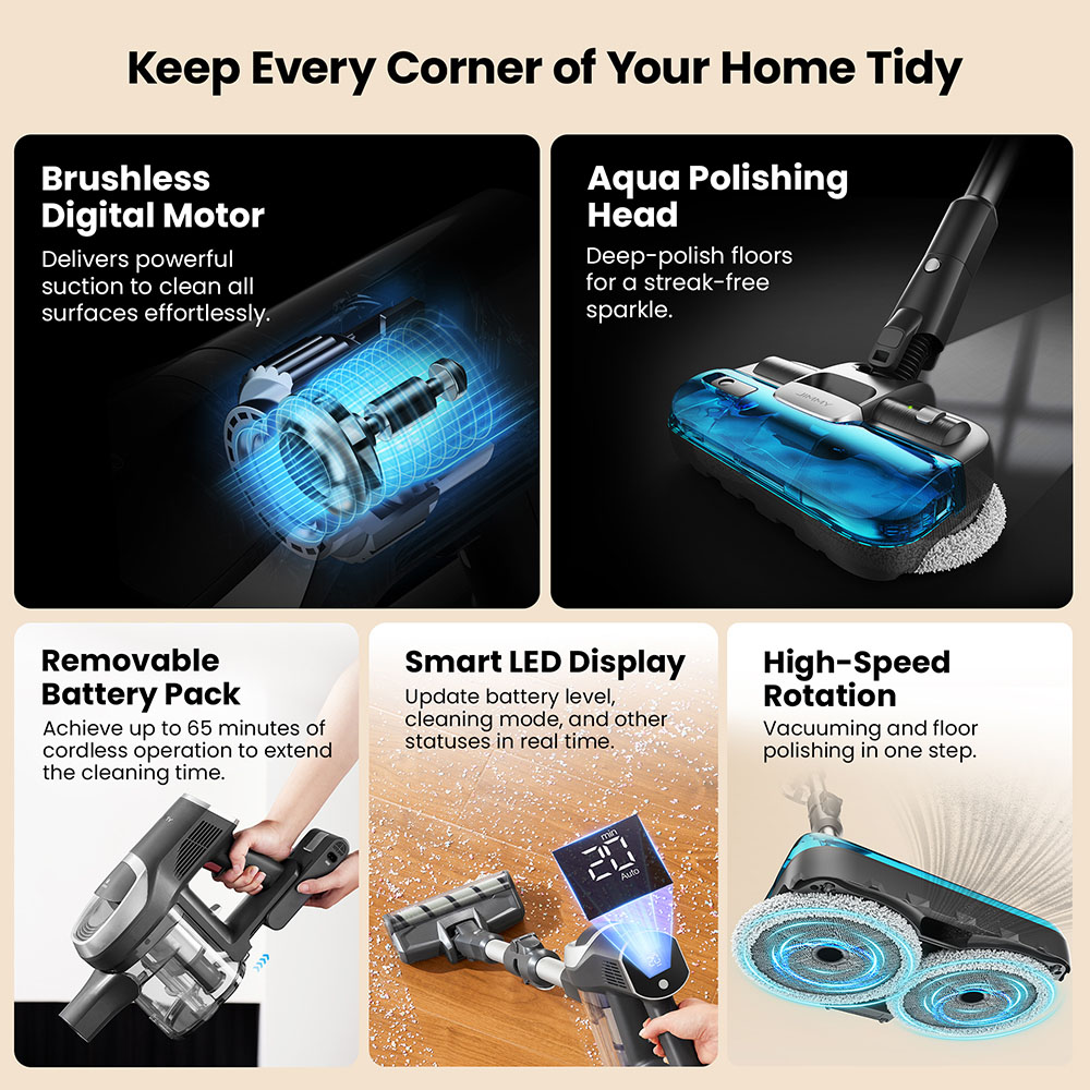 JIMMY JV9 Pro Aqua Aspirateur Balai Sans Fil, Aspiration Puissante 160AW, Autonomie 65 Min, Combo Aspirateur et Serpill&egrave;re 2-en-1, &Eacute;cran LED, Id&eacute;al pour Sols Durs, Tapis et Poils d'Animaux