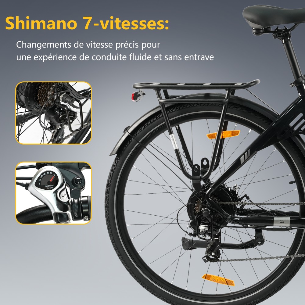 TTGO C3 SE Vélo électrique, moteur 250W, batterie 36V 18Ah, pneus de 28 pouces, vitesse maximale de 25 km/h, autonomie maximale de 120 km, freins à disque mécaniques, fourche à suspension avant, Shimano 7 vitesses - Noir