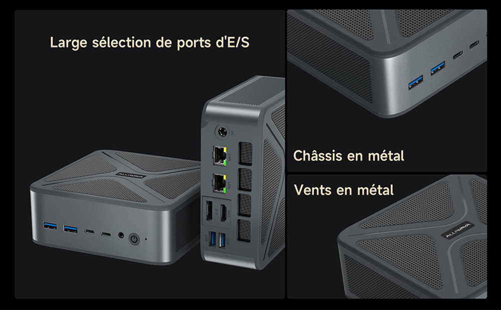ALLIWAVA GH8 Mini PC de jeu, AMD Ryzen 9 8945HS 8 cœurs max 5,2 GHz, 32 Go de RAM, SSD 1 To, quadruple sortie vidéo (HDMI + DP + USB 4.0 + USB-C), Wi-Fi 6E, Bluetooth 5.2, 2 ports USB 3.0, 2 ports USB 2.0, 2 ports RJ45 2,5 GHz, 1 prise audio.