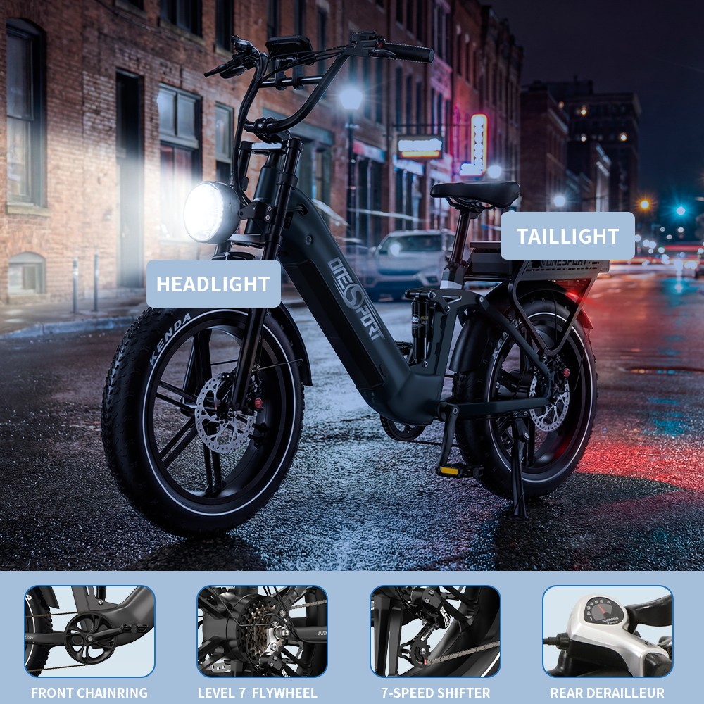 Onesport OT08 Pro Vélo électrique, moteur 500 W, 2 batteries 48 V 18 Ah, pneus 20 x 4 pouces, vitesse maximale 25 km/h, autonomie maximale 190 km, freins à disque à huile avant et arrière, fourche à suspension, Shimano 7 vitesses - Gris