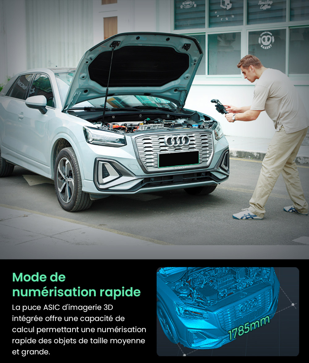 Scanner 3D Creality CR-Scan Ferret Pro, vitesse de num&eacute;risation jusqu'&agrave; 30 ips, pr&eacute;cision de 0,1 mm, distance de travail de 150 &agrave; 700 mm, plage de capture unique de 560 x 820 mm, num&eacute;risation minimale de 150 x 150 mm, connexion sans fil