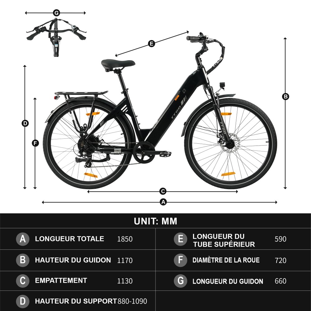 TTGO C3 SE Vélo électrique, moteur 250W, batterie 36V 18Ah, pneus de 28 pouces, vitesse maximale de 25 km/h, autonomie maximale de 120 km, freins à disque mécaniques, fourche à suspension avant, Shimano 7 vitesses - Noir