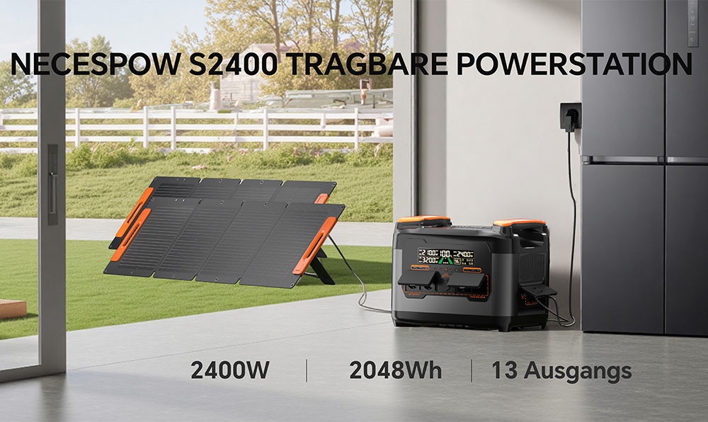 NECESPOW S2400 Tragbare Powerstation, 2400W Ausgang, 2048Wh LiFePO₄ Batterie, 13 Anschl&uuml;sse, 1,5H Schnellladung, 20ms USV-Backup, App-Steuerung, f&uuml;r Outdoor/RV/Heimgebrauch