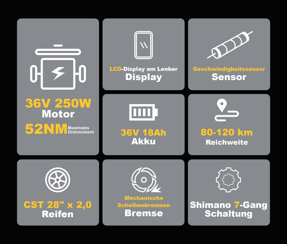 TTGO C3 SE Elektrofahrrad, 250W Motor, 36V 18Ah Batterie, 28 Zoll Reifen, 25 km/h Höchstgeschwindigkeit, 120 km maximale Reichweite, mechanische Bremsen, Vorderradfederung, Shimano 7-Gang - Gelb