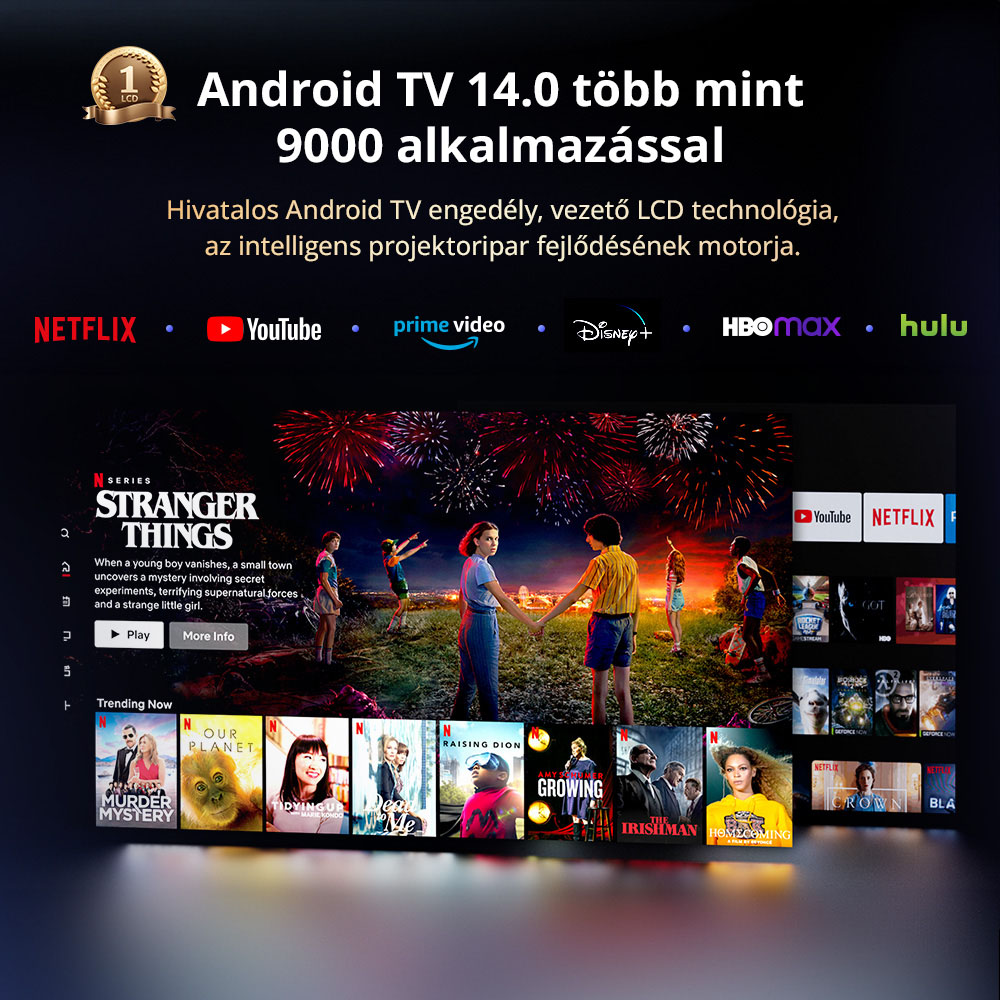 ETOE Whale Pro Android TV Projektor, Nat&iacute;v 1080P, 1500 ANSI, 4K dek&oacute;dol&aacute;s, Autof&oacute;kusz &eacute;s Automatikus trap&eacute;zkorrekci&oacute;, 2*10 W-os sztere&oacute; hangsz&oacute;r&oacute;, K&eacute;ts&aacute;vos Wi-Fi