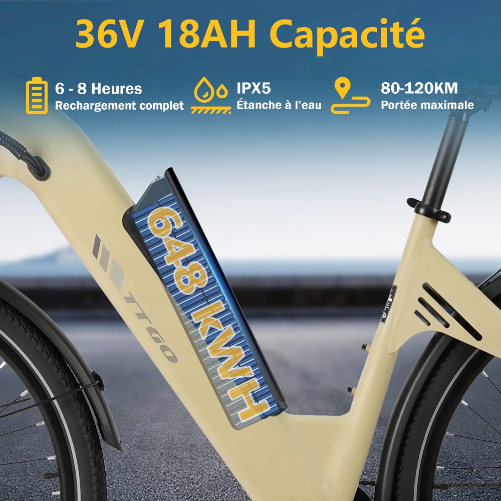 TTGO C3 SE Vélo électrique, moteur 250W, batterie 36V 18Ah, pneus de 28 pouces, vitesse maximale de 25 km/h, autonomie maximale de 120 km, freins à disque mécaniques, fourche à suspension avant, Shimano 7 vitesses - Jaune