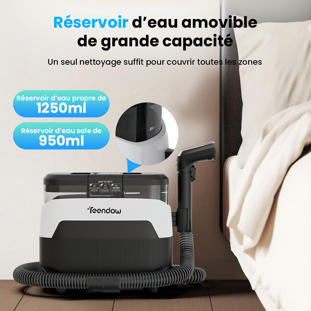 Nettoyeur de tapis et tissus d'ameublement 3 en 1 Teendow C6 MAX, vapeur 1650 W, aspiration 12&nbsp;000 Pa, deux r&eacute;servoirs, adapt&eacute; aux animaux